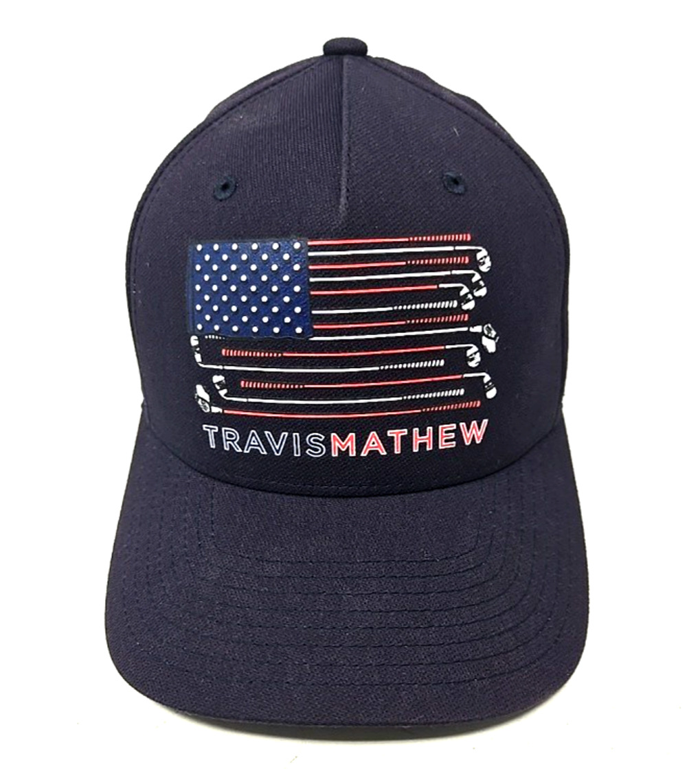 Travis Mathew USA American Flag Golf Clubs Print FlexFit Hat Cap NAVY Men’s S/M